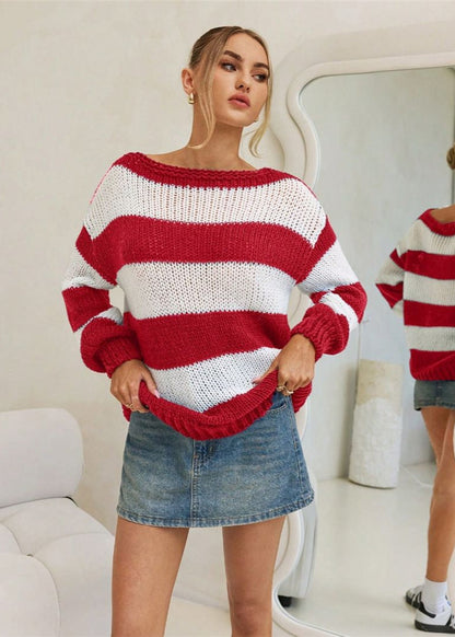 Striped Knit Boat Neck Sweater Navy White