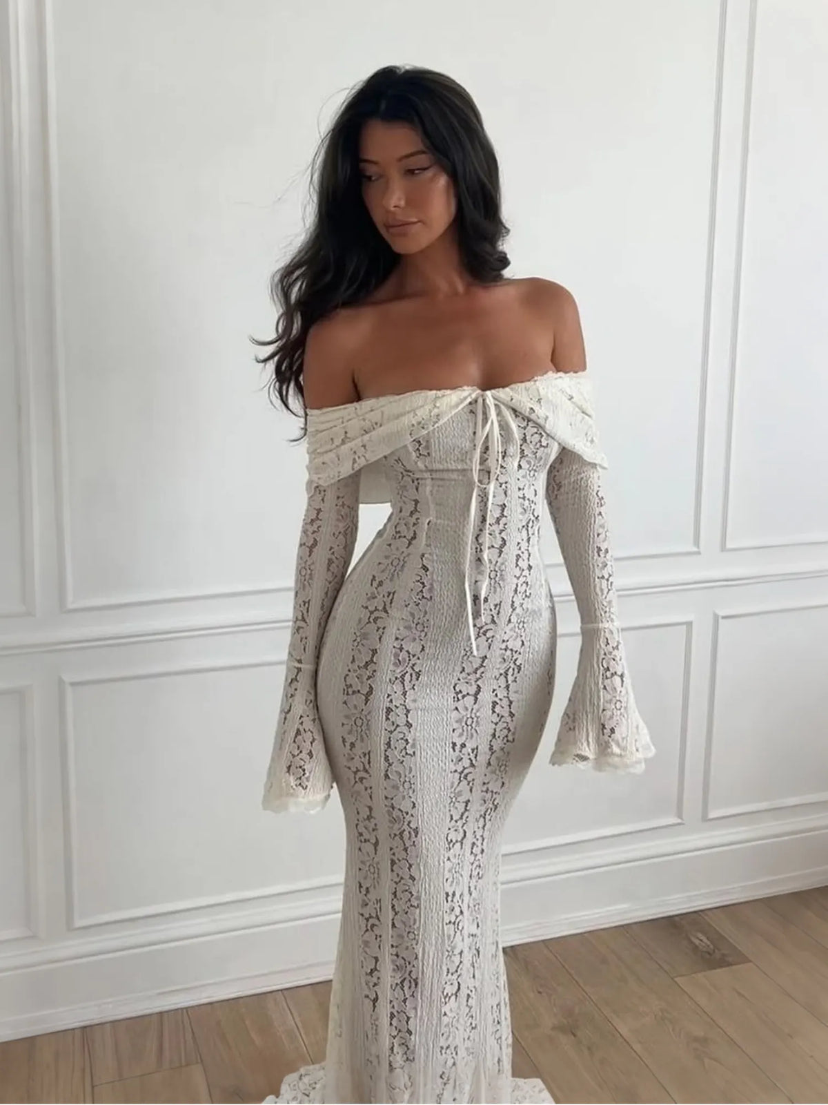 Celeste Ivory Off Shoulder Lace Corset Maxi Dress