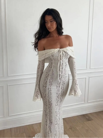 Celeste Ivory Off Shoulder Lace Corset Maxi Dress