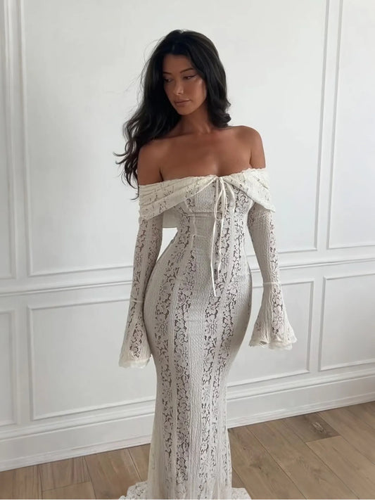 Celeste Ivory Off Shoulder Lace Corset Maxi Dress