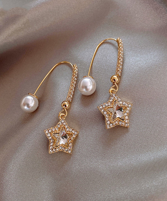 Skinny Gold Copper Alloy Pentagram Crystal Pearl Drop Earrings