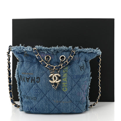 Denim Quilted Small Mood Bucket With Chain Blue Multicolor