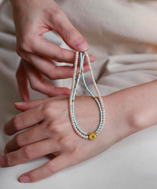 Handmade Colorblock Alloy Double-Layer Pearl Beading Pendant Necklace