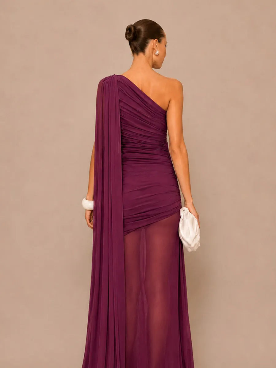 Isla One-Shoulder Cape Maxi Dress with Mesh Paneling