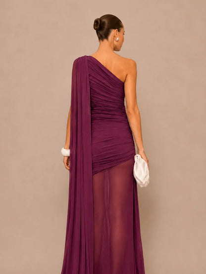 Isla One-Shoulder Cape Maxi Dress with Mesh Paneling