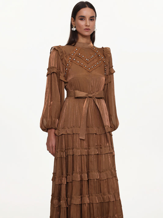 Kaia Flowy Long Sleeve Rhinestone Ruffle Woven Maxi Dress