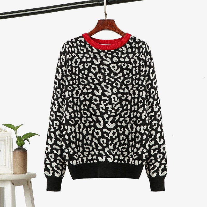 Leopard Jacquard Contrast Loose Sweater