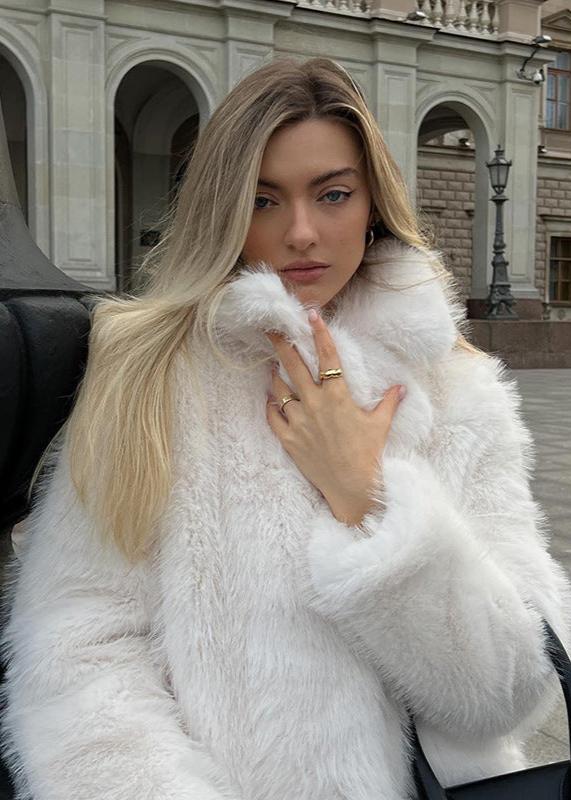 White Faux Fur Short Coat With High Collar
