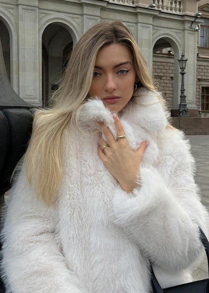 White Faux Fur Short Coat With High Collar