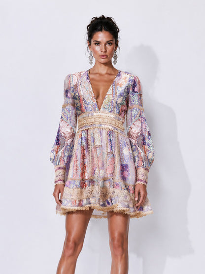 Carmen Lace-Panelled Printed Long-Sleeve Mini Dress