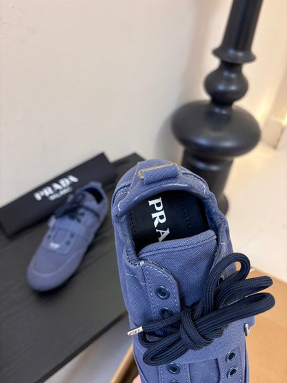 Prada Classic Retro German Trainer Blue Sneakers in Sheepskin Fabric 580383