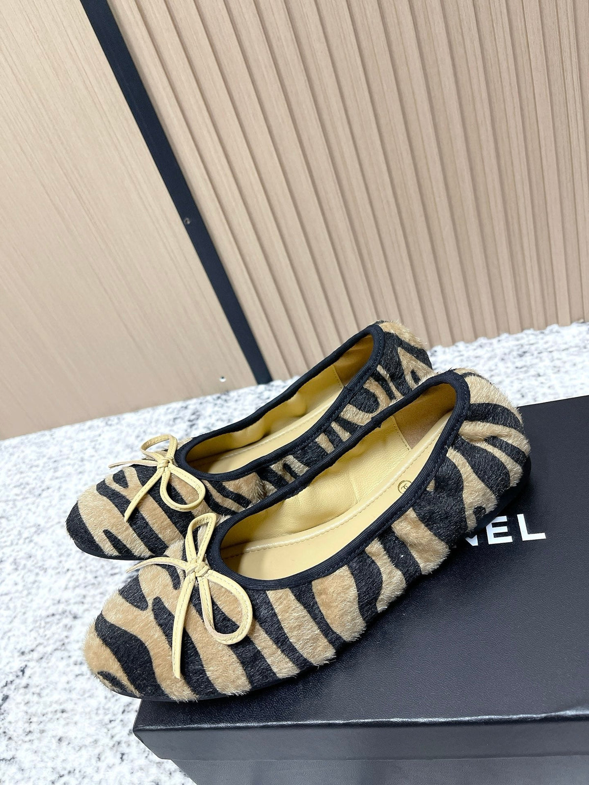 Chanel 26 Tiger Print Brown Black Ballet Flat in Sheepskin Wool 591377