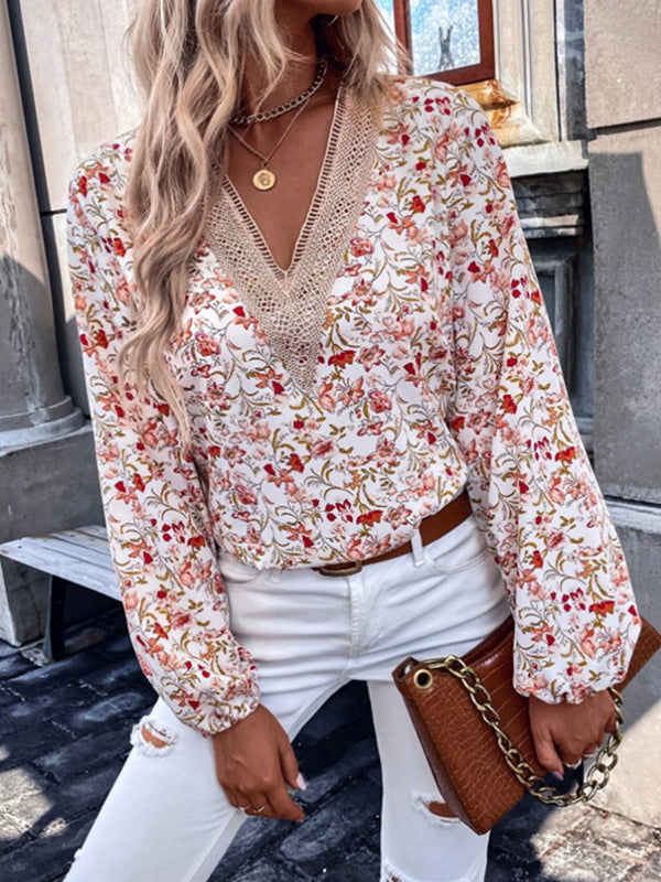 Long Sleeves Loose Elasticity Flower Print Split-Joint V-Neck Blouses&Shirts Tops