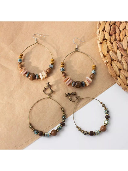 Earwish - Boho Vintage Beaded Hoop Earrings - Brown &amp; Chic