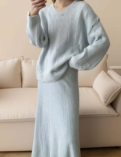 Solid Color Loose Knit Sweater Maxi Skirt Set