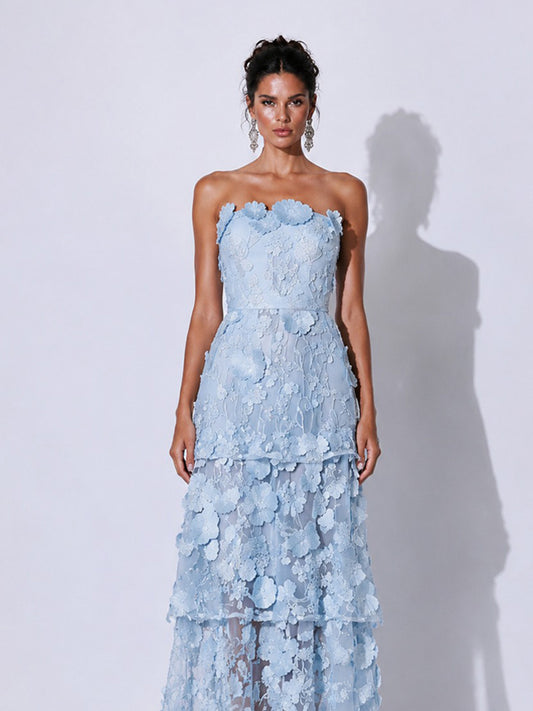 Gabriela Embroidered Appliqué Ruffled Strapless Midi Dress