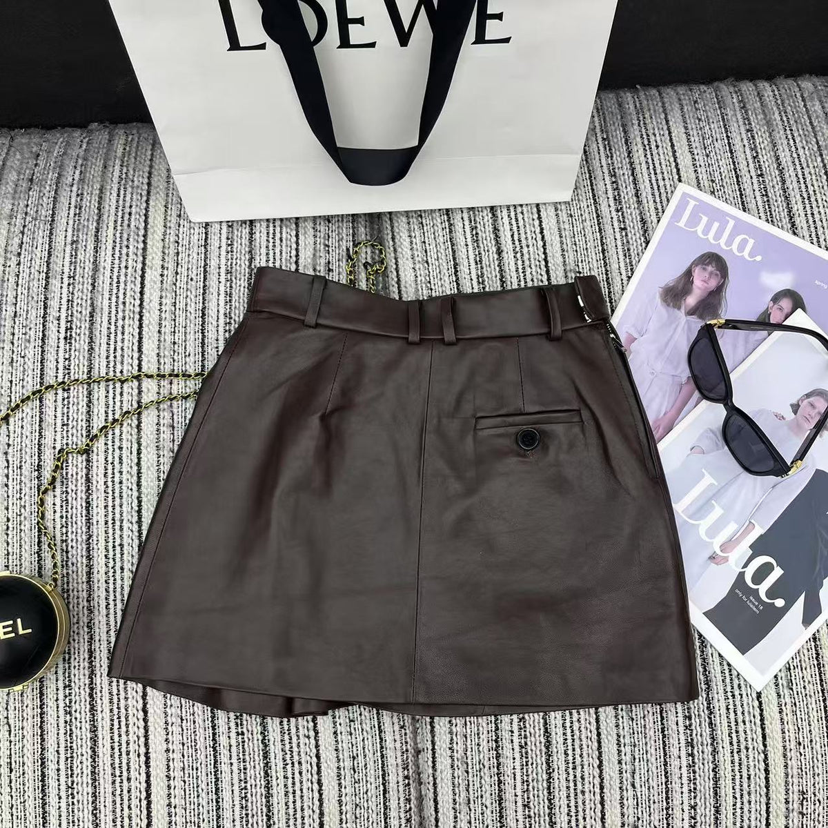 Loewe Draped Midi Skirt Brown Nappa Leather 348569