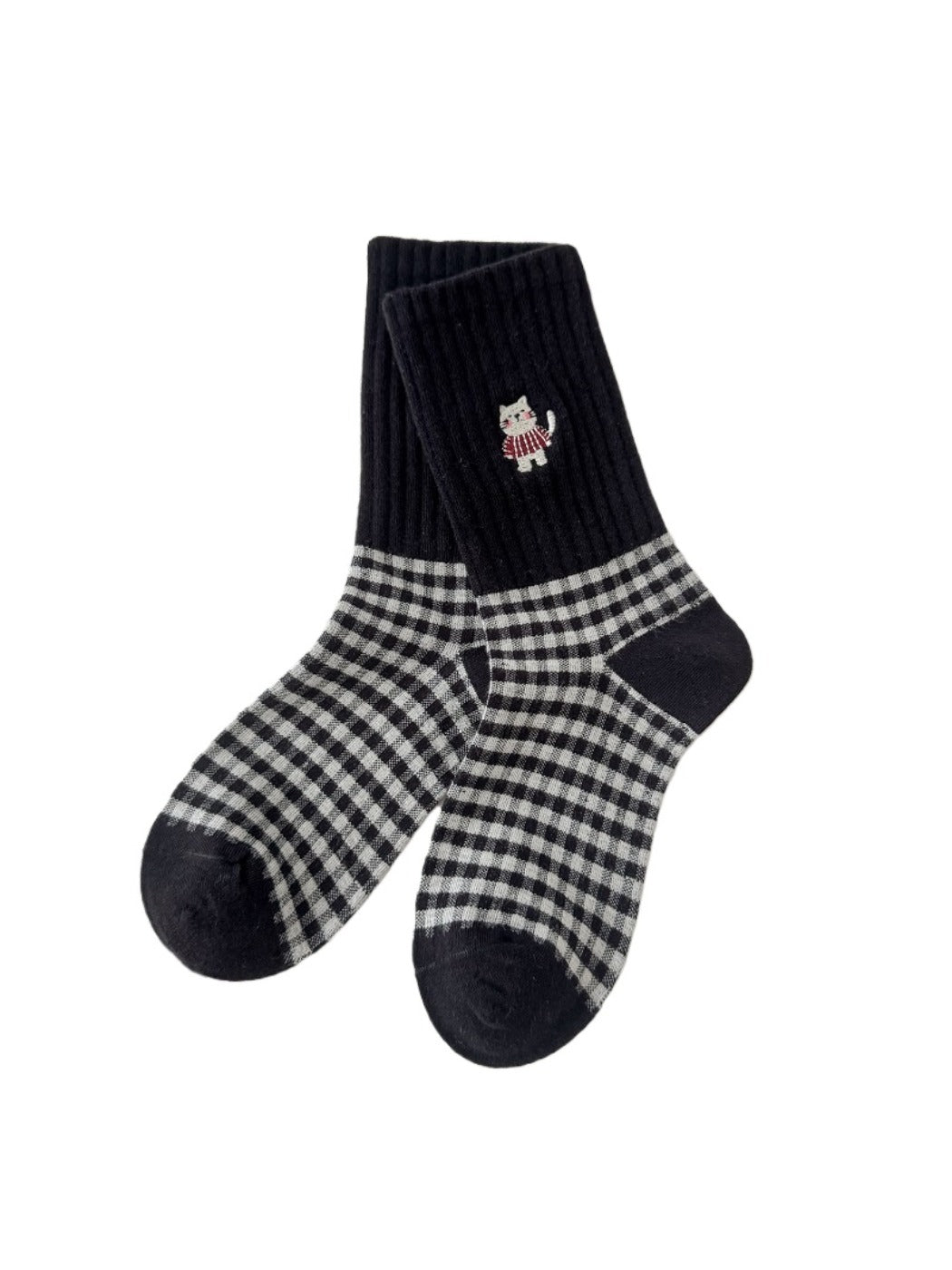 Rufia - Cute Cat Embroidery Plaid Socks for Women