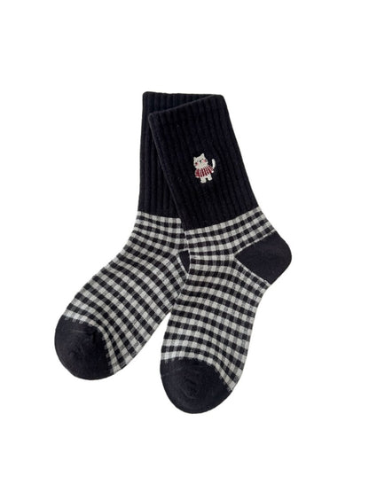 Rufia - Cute Cat Embroidery Plaid Socks for Women