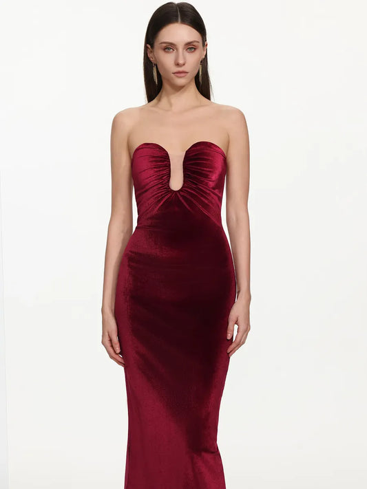 Giovanna Romantic Contour Strapless Ruched Velvet Maxi Dress