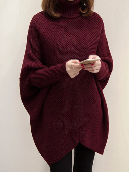 Casual Loose Batwing Sleeves Solid Color High-Neck Sweater Tops