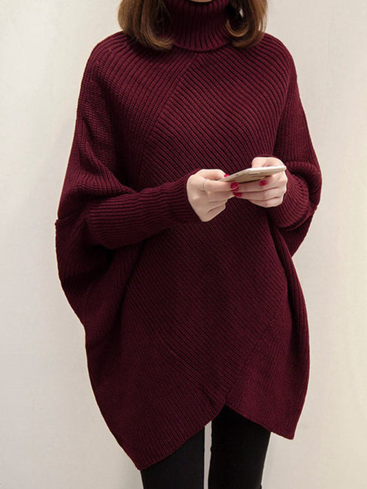 Casual Loose Batwing Sleeves Solid Color High-Neck Sweater Tops