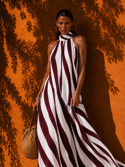 Evelynn Striped Halter-Neck Sleeveless Maxi Dress