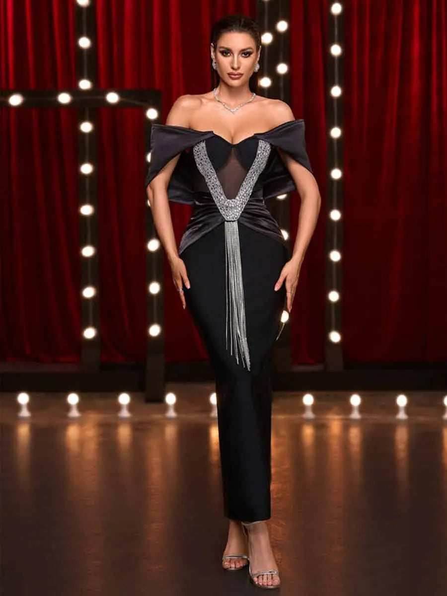 Zia Crystal Fringe Off Shoulder Bandage Maxi Dress