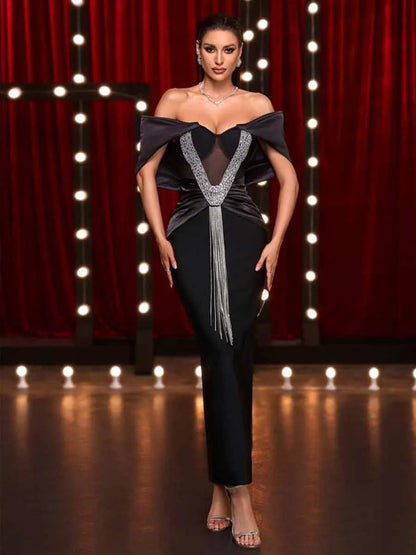 Zia Crystal Fringe Off Shoulder Bandage Maxi Dress