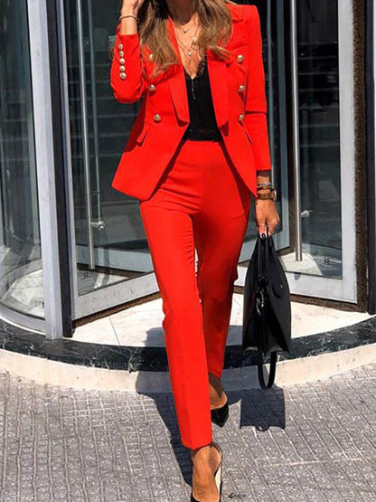 Urban Solid Color Notched Collar Long Sleeves Bracers+H-Line Pants Two Pieces Set