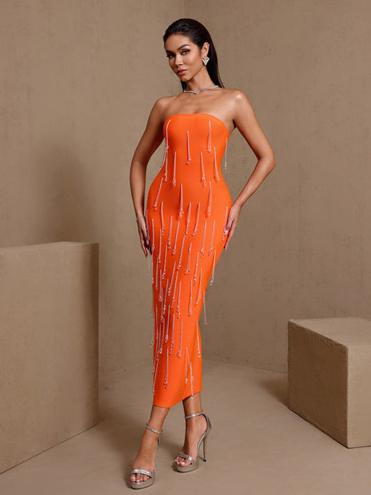 Isadora Strapless Crystal Beading Bandage Midi Dress