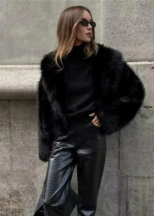 Faux Fur Polo Collar Jacket Black Oversized Fit