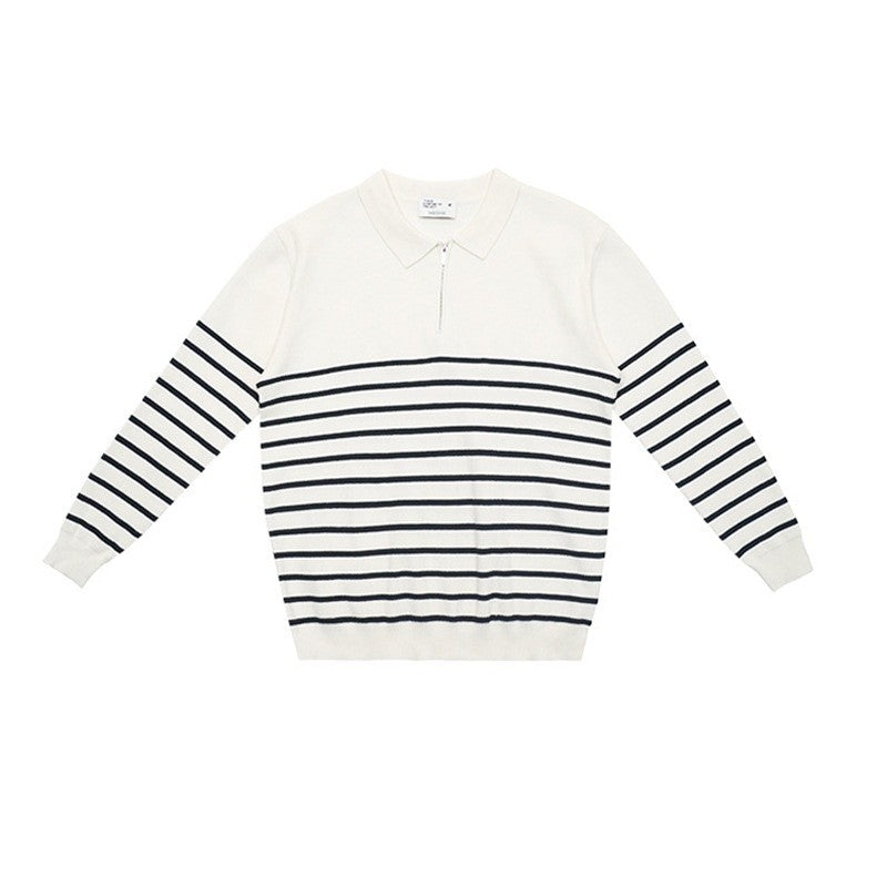 Color Block Striped Semi Zip Polo Shirt