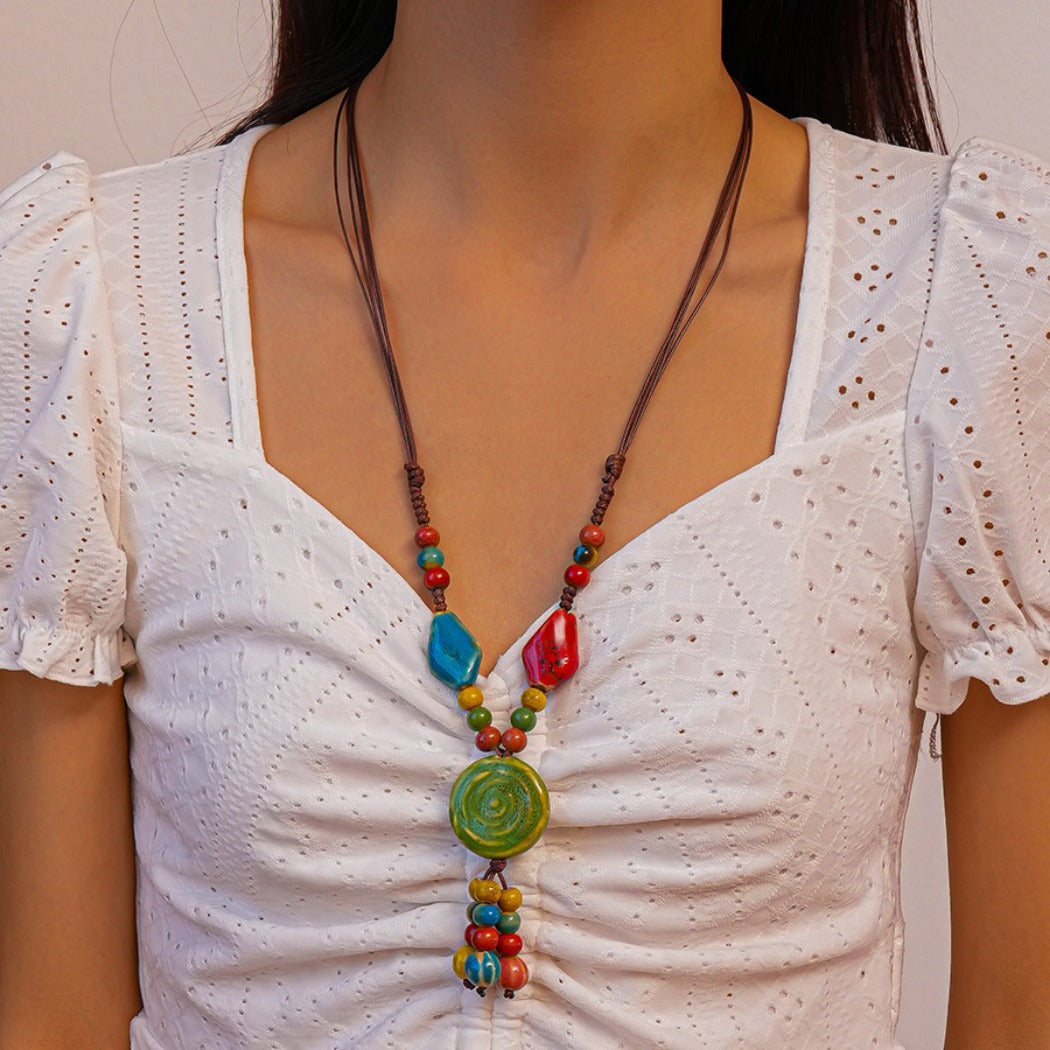 Bauai - Boho Ceramic Bead Fringe Long Necklace - Vintage &amp; Unique