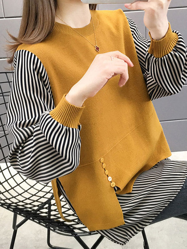 Original Loose Split-Joint 5 Colors Striped Round-Neck Long Sleeves False Two Sweater Top