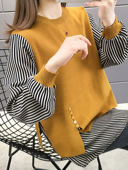 Original Loose Split-Joint 5 Colors Striped Round-Neck Long Sleeves False Two Sweater Top