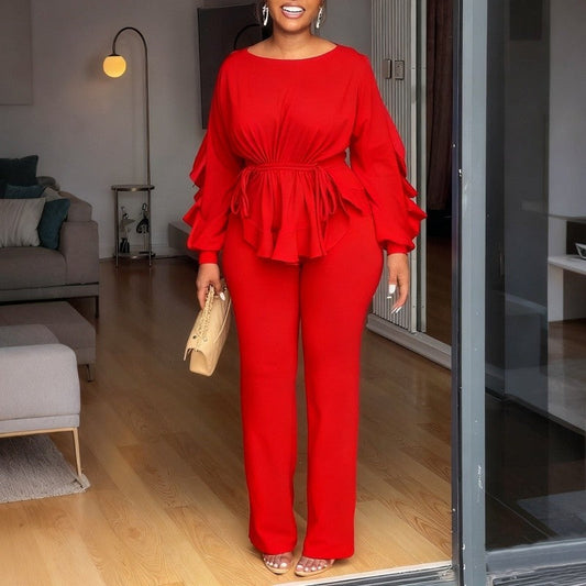 Lace Trim Long Sleeve Top Pants Set