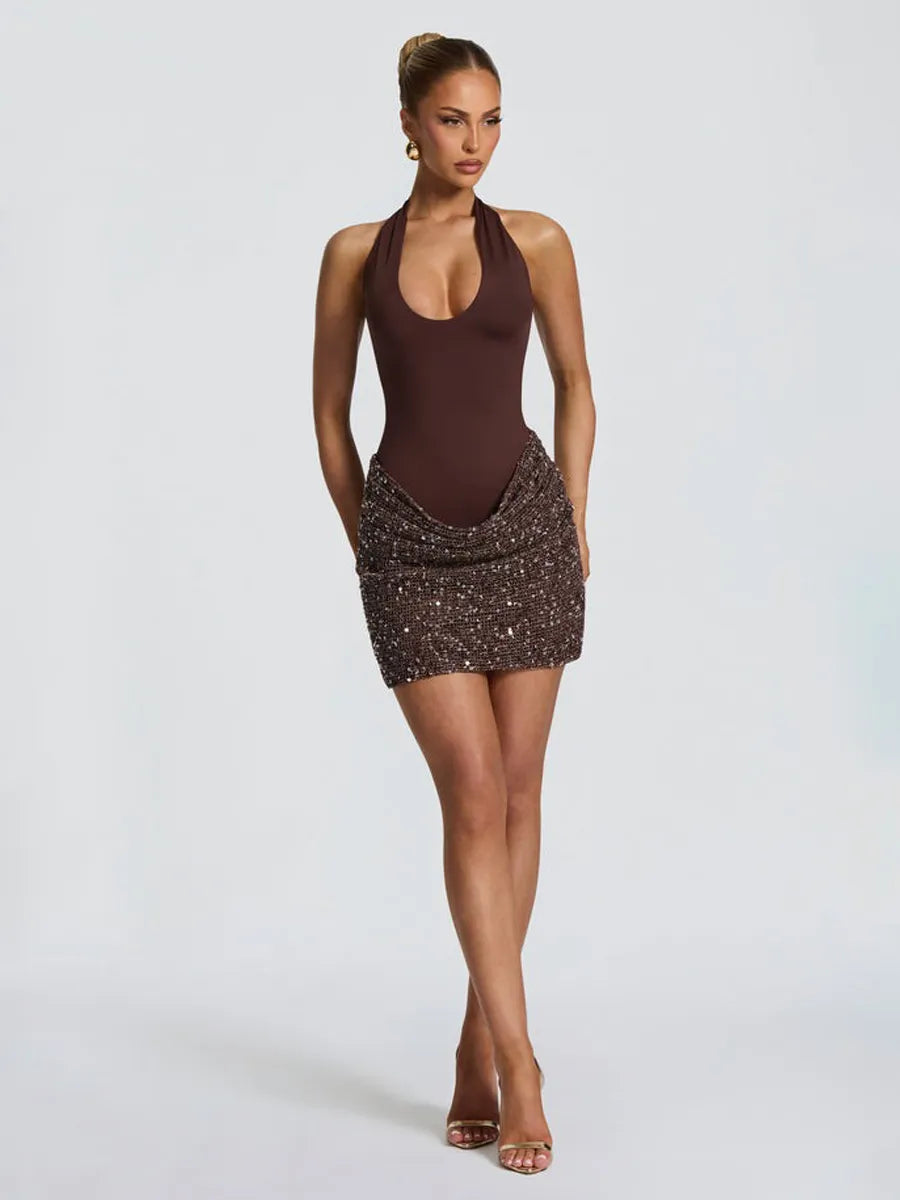 Evangeline Cross Halter Sequin Mini Dress