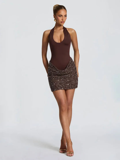 Evangeline Cross Halter Sequin Mini Dress