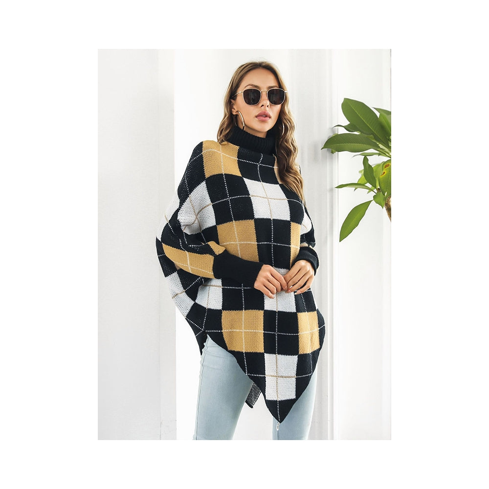 Casual Loose Batwing Sleeves Checkerboard High-Neck Sweater Tops