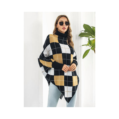 Casual Loose Batwing Sleeves Checkerboard High-Neck Sweater Tops