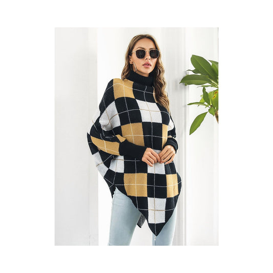 Casual Loose Batwing Sleeves Checkerboard High-Neck Sweater Tops