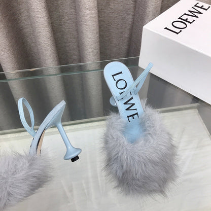 Loewe 25SS Fur-lined Mule 100 Blue in Fox Fur 597444