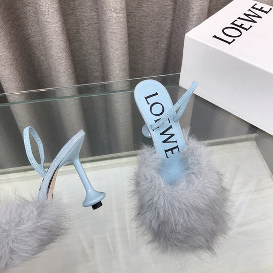 Loewe 25SS Fur-lined Mule 100 Blue in Fox Fur 597444