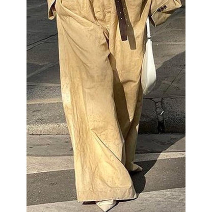 Buttoned Long Sleeves Collarless Outerwear Top + Wide Leg Belted Jumpsuits Two Pieces Set