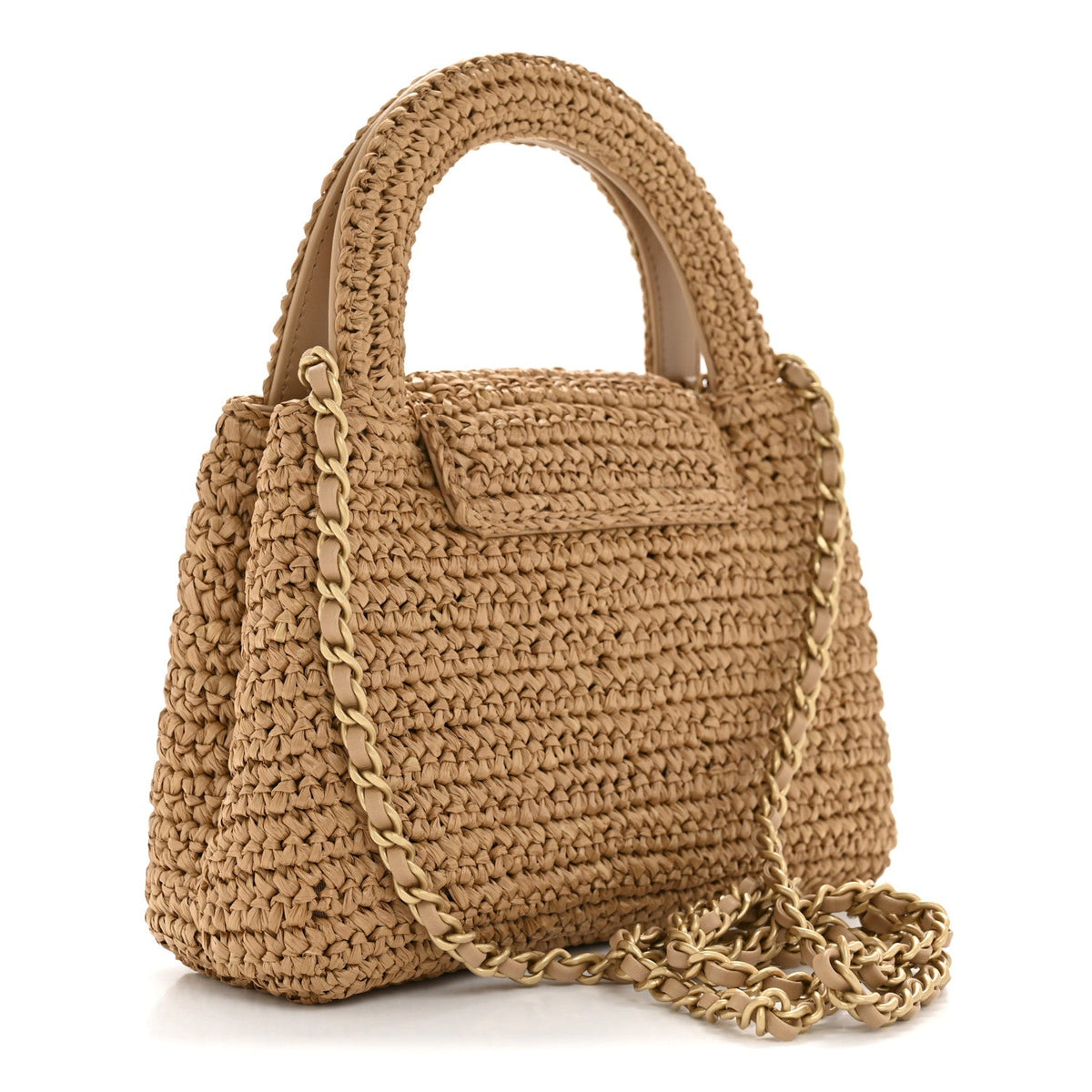 Braided Raffia Nano Kelly Flap Bag Dark Beige