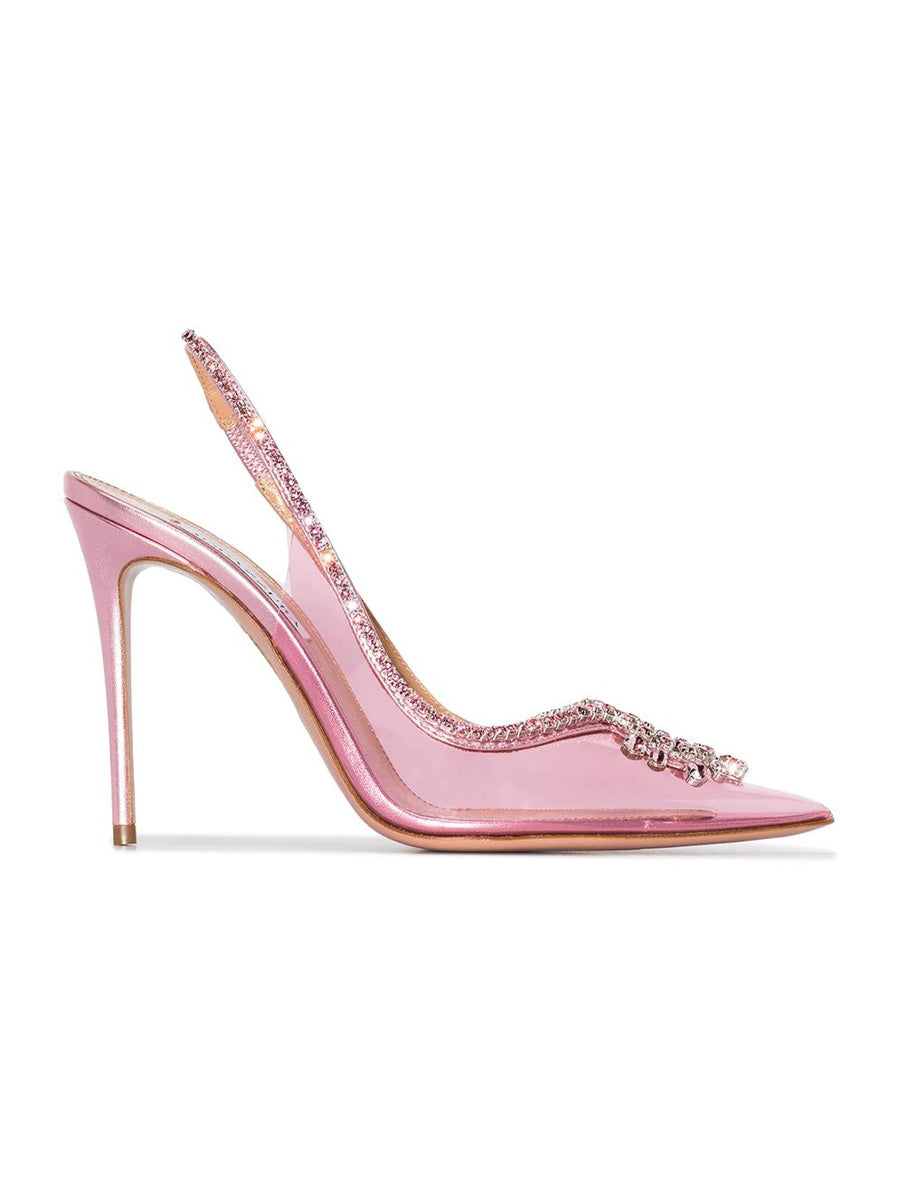 Sapphira Pointed-Toe Clear Strappy Stiletto Heels with Rhinestones