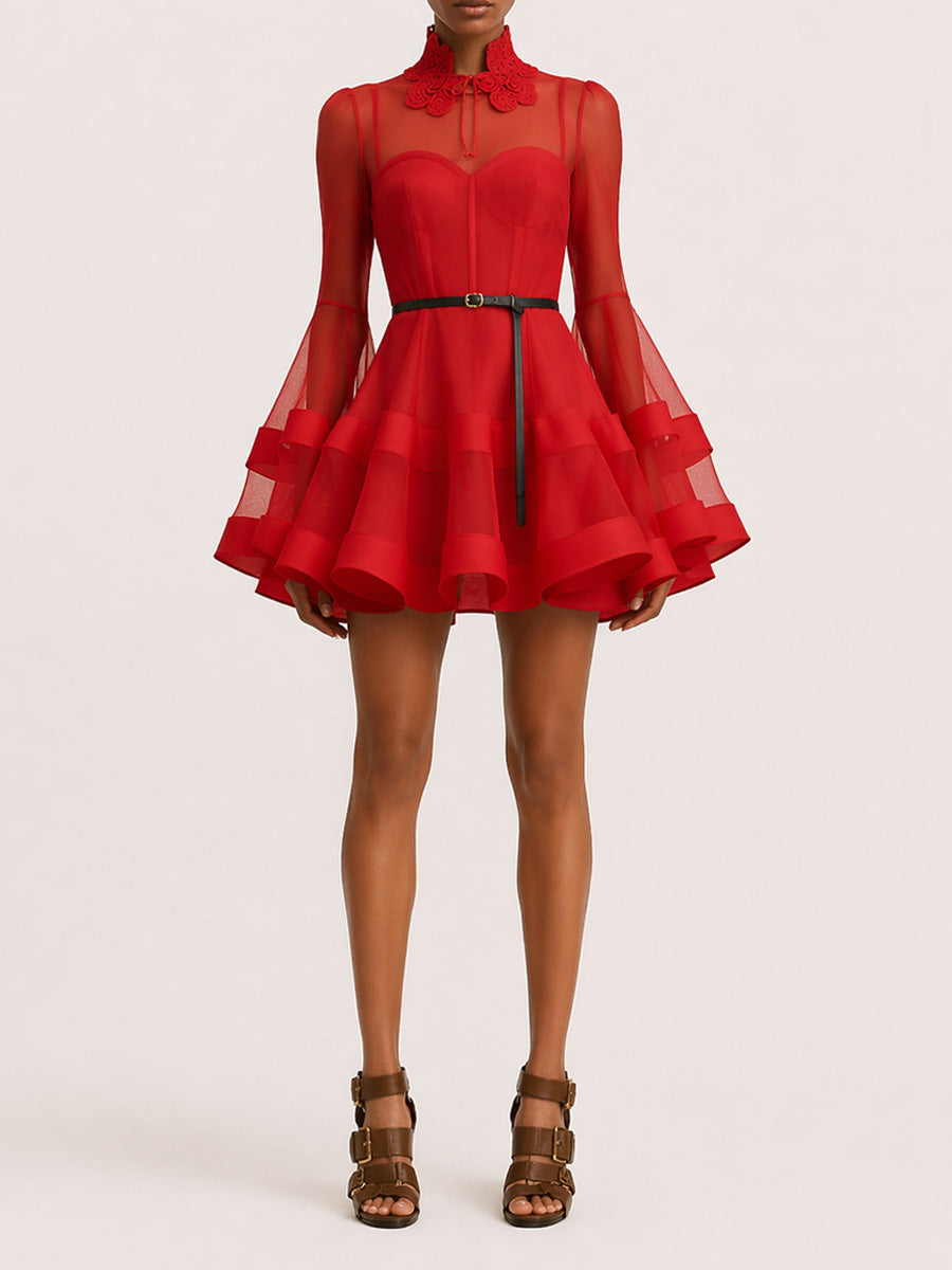 Peyton Long-Sleeve Mesh Mini Dress In Red