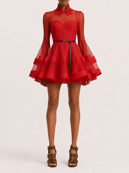 Peyton Long-Sleeve Mesh Mini Dress In Red