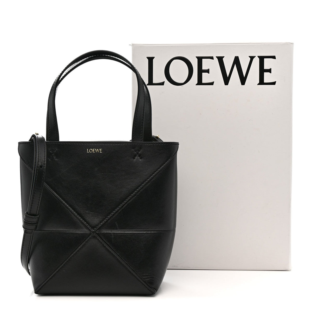 Shiny Calfskin Mini Puzzle Fold Tote Black